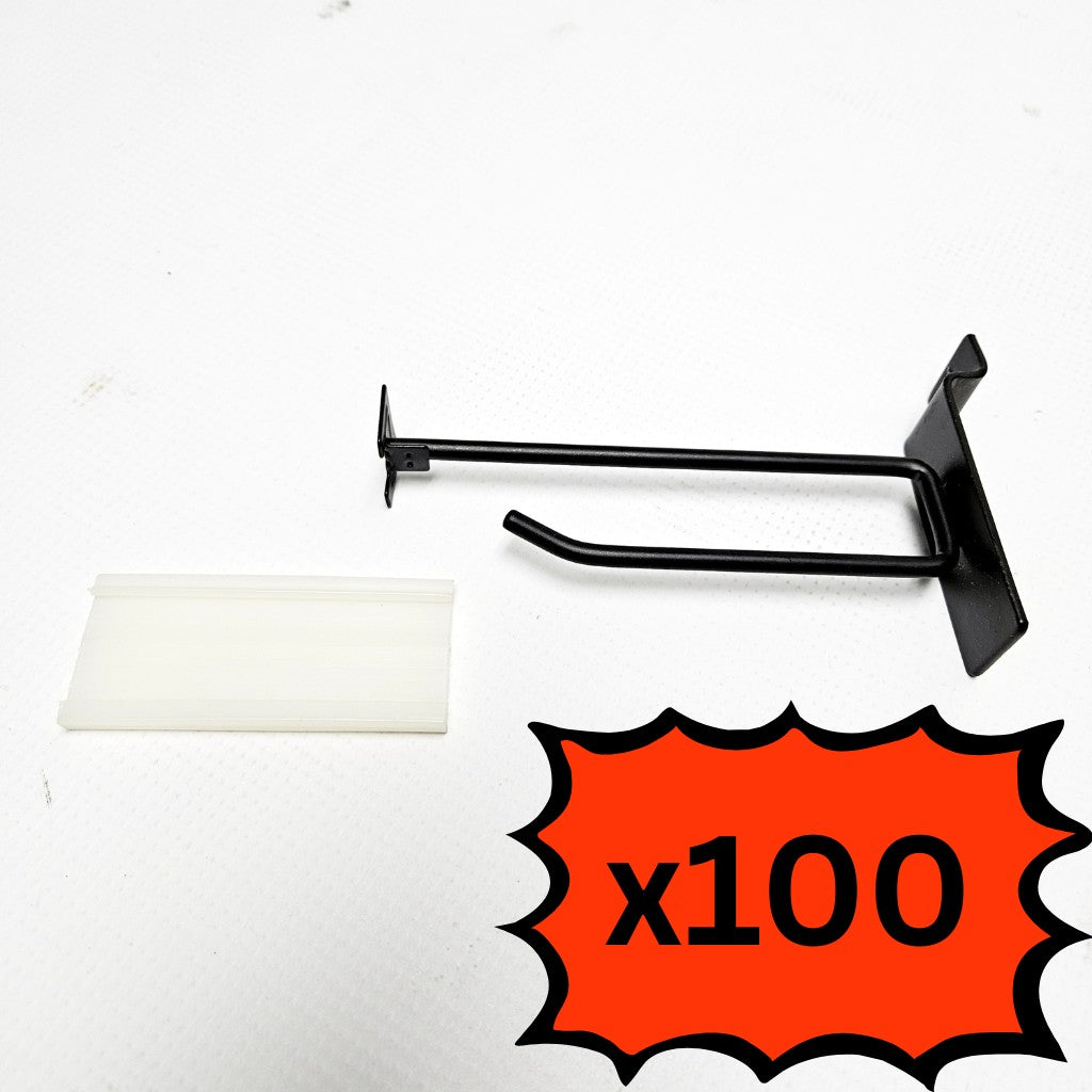 Short Slatwall Retail Merchandise Display Hooks with Price Tag Holders - Qty 100