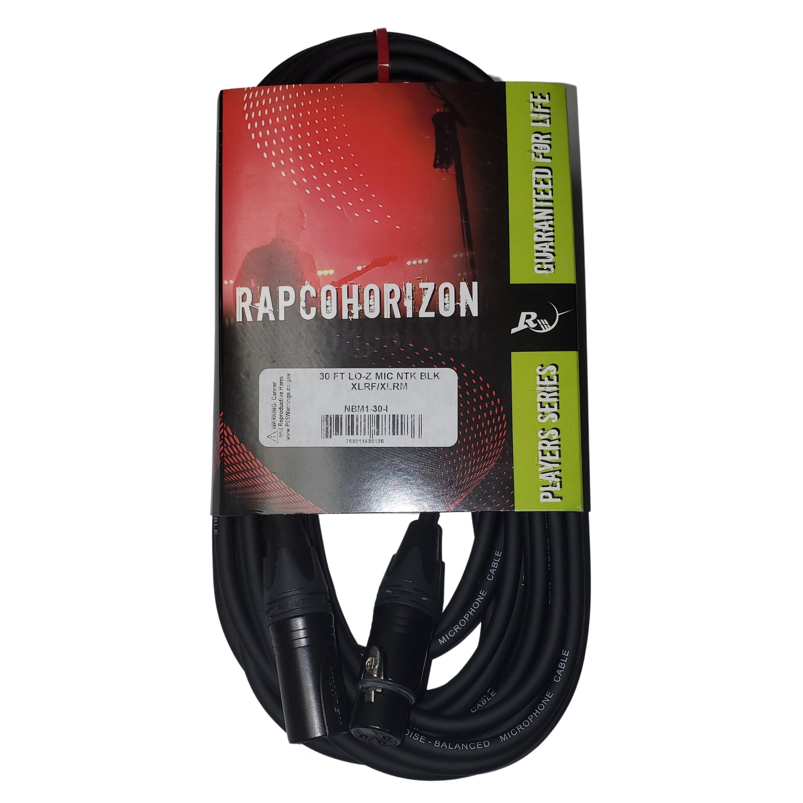 RapcoHorizon 30ft Lo-Z Mic Cable- Black Neutrik Connectors XLRF/XLRM  -NBM1-30