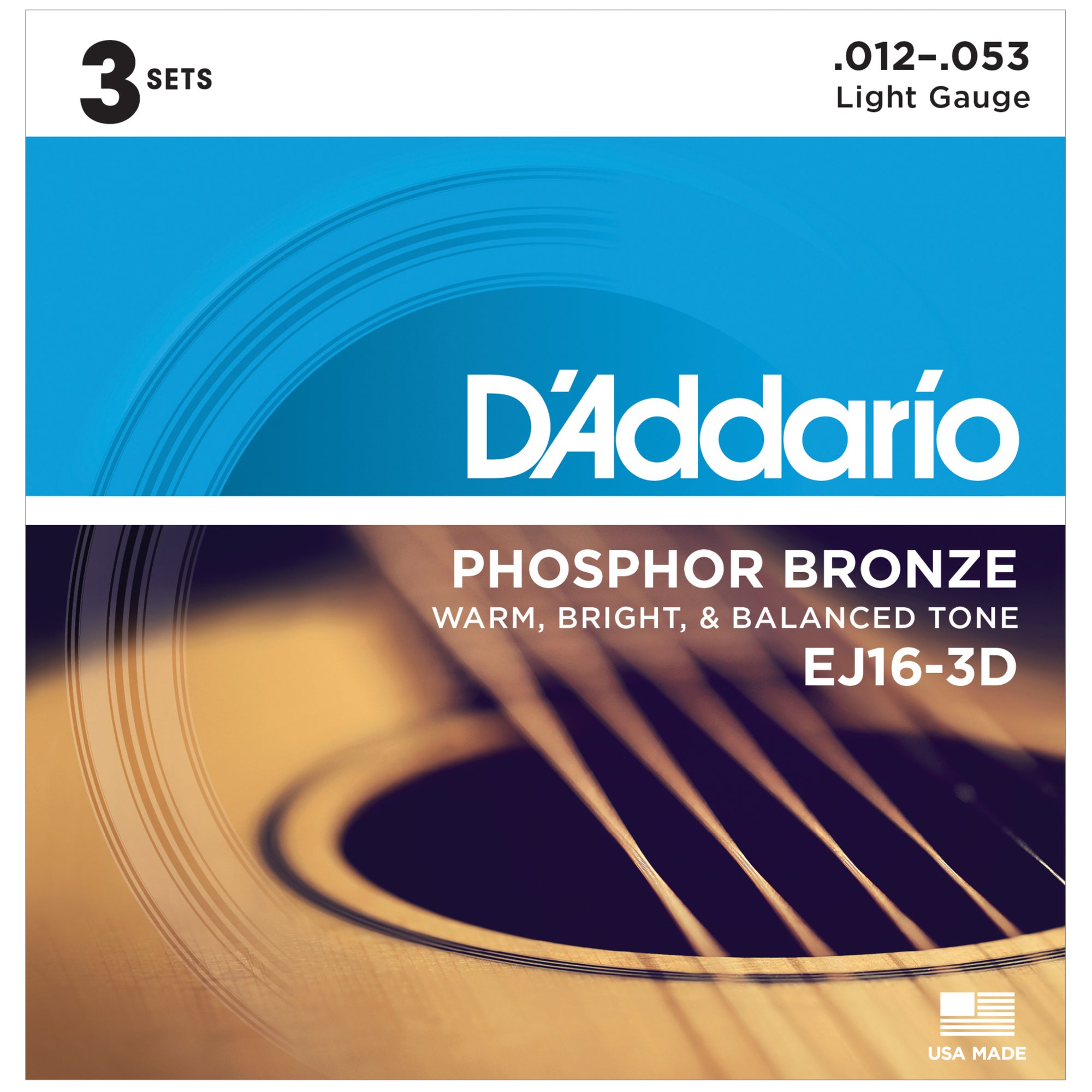 D'Addario EJ16-3D 12-53 Phosphor Bronze Acoustic Strings 3-Pack