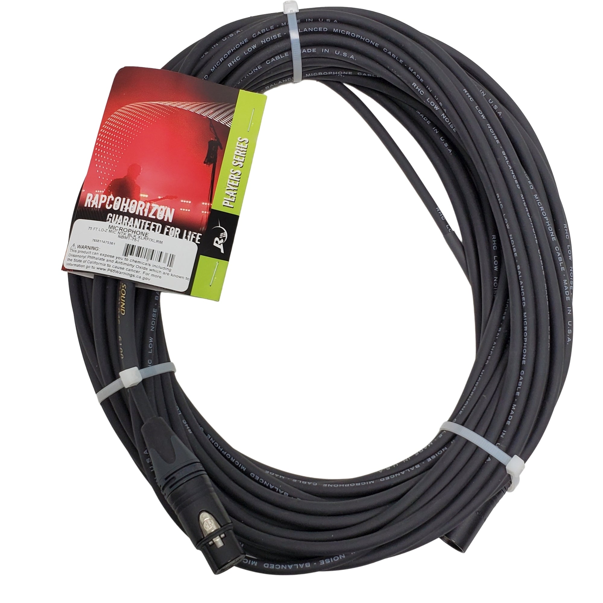 RapcoHorizon NBM1-75 75ft Lo-Z Mic Cable- Black Neutrik Connectors XLRF/XLRM  -NBM1-75