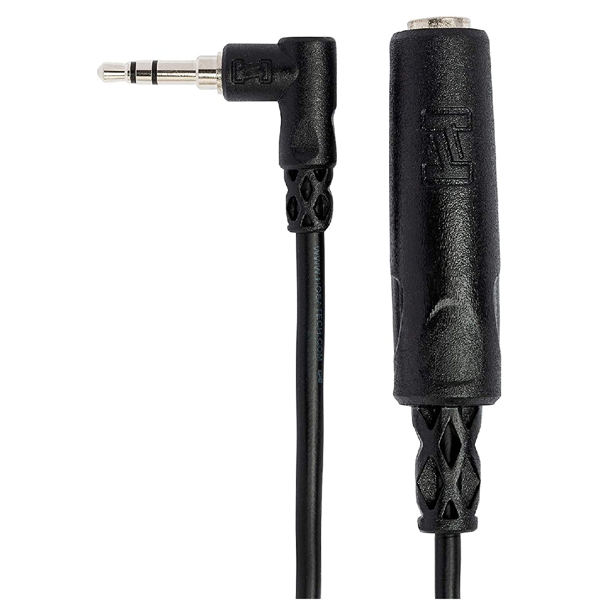 Hosa MHE-100.5 6in 1/4in TRS F to RA 3.5mm TRS M Headphone Adapter Side View